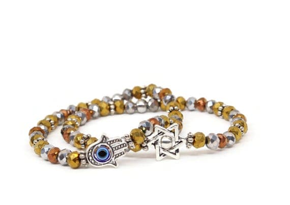 Jewish Star of David or Evil Eye Hamsa Glass Beaded Bracelet | Jewish Jewelry Gift