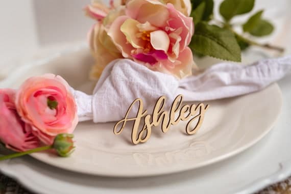 Laser Cut Birch Wood Wedding Place Cards: Custom Birthday Name Tags