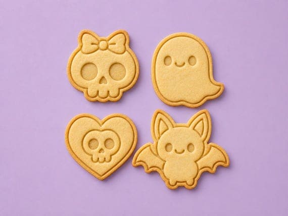 Cute Halloween Cookie Cutter & Stamp Set, Skull Bow Ghost Heart Bat Embosser
