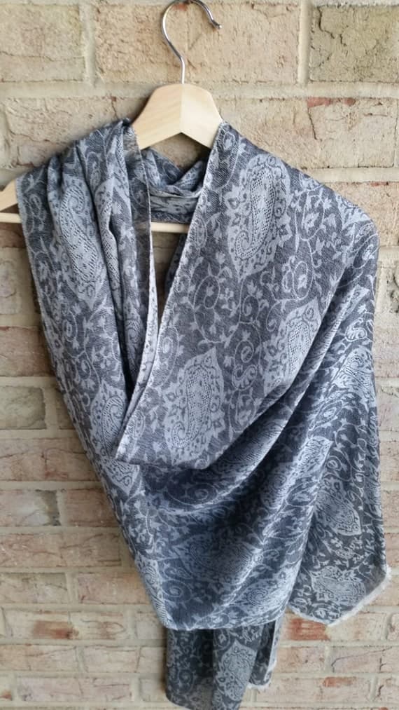 Pashmina Stole All Weather Wrap 28"x80" Large Scarf - Grey Paisley