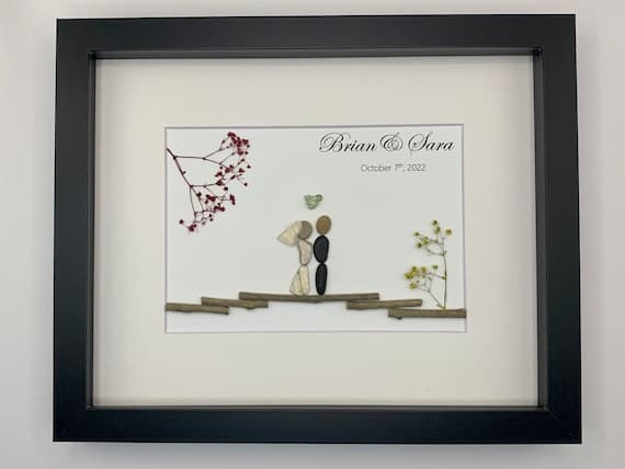 Personalized Wedding Pebble Art: Bride & Groom Gift, Framed