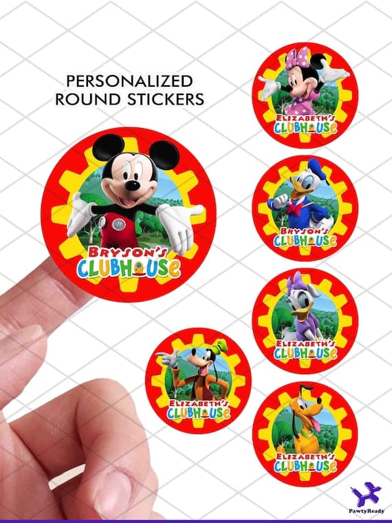 Mickey Clubhouse Personalized Stickers, Custom Mickey Mouse Birthday Party Favor, Round Labels for Lollipop, Gifting, Tags, Seal, Decoration