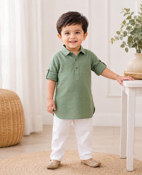 Olive Green Baby Kurta Pajama Set: Indian Cotton Infant Outfit, Diwali Clothing