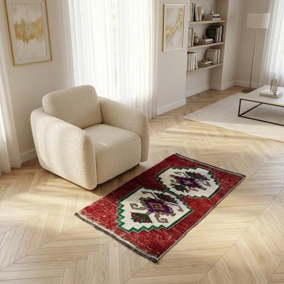 Dark Red Vintage Rug With White Double Tribal Medallion Patterns, 1.6x2.6 ft, DC 8407
