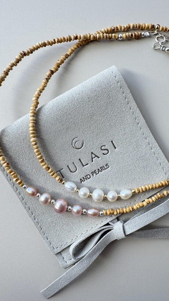 Bestseller Tulasi Kanthimala with Pink Pearls, Sterling Silver or Gold-Filled Beads, Spiritual Yoga Necklace, Meditation Jewelry