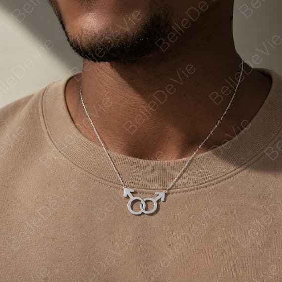 Double Mars Necklace & Bracelet Set 14K Gold Plated Gay Pride Jewelry LGBT Male Symbol Gift for Him LGBTQ Anniversary Birthday Gift
