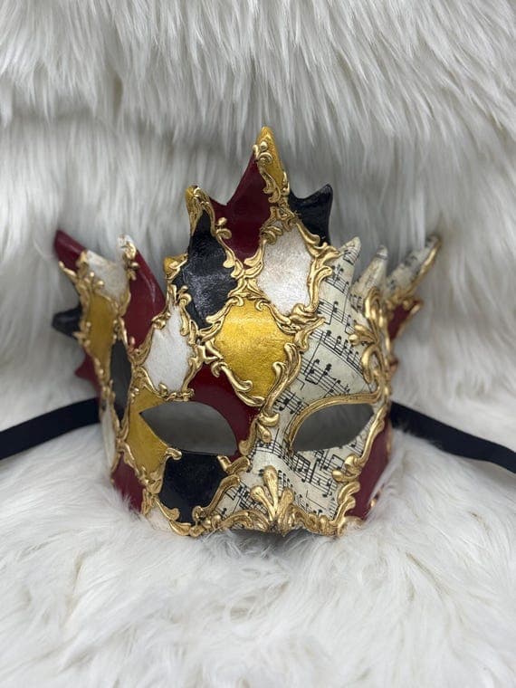 Venetian Harlequin Masquerade – Gold Red Carnival Costume Accessory – Music Notes Design – Italian Venetian Decor