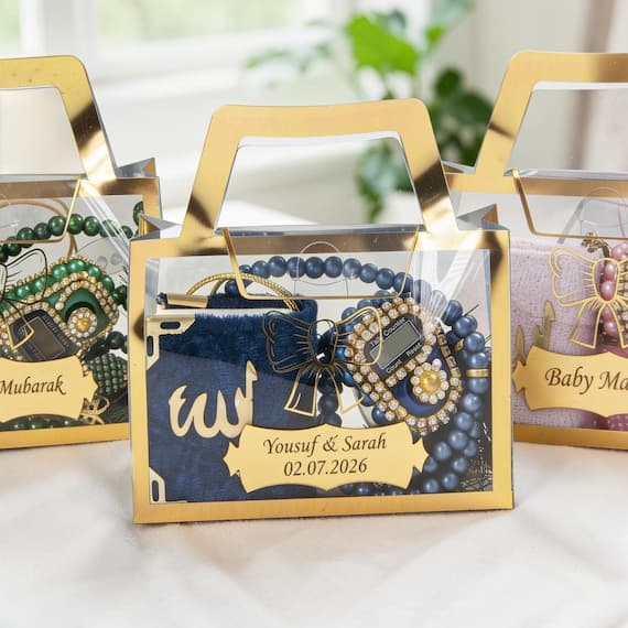 Personalized Velvet Mini Quran Gift Set with Decorative Elegant Box, Pearl Tasbeeh Counter, Eid Favor, Wedding Gift Different Colors