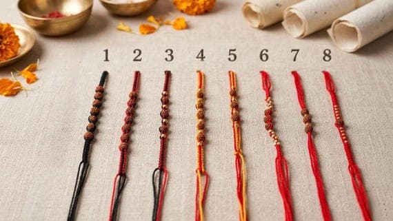 Handmade Rudraksha Rakhi Bracelet – Traditional Red Black & Yellow Thread Designs