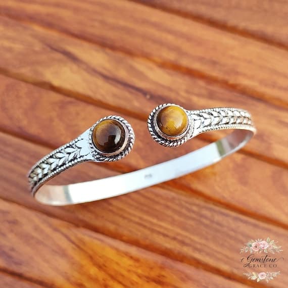 Tiger Eye 2 Stone Silver Plated Brass Bangle | Boho Style Healing Crystal Jewelry