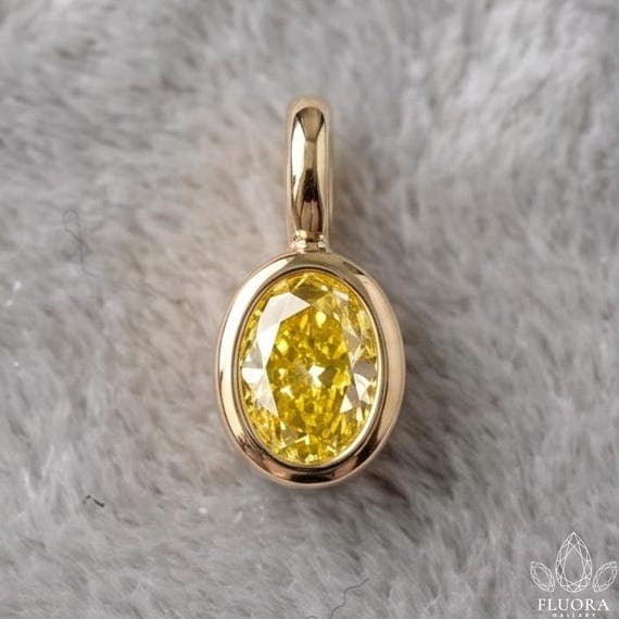 0.20 CT Yellow Oval Lab Grown Diamond Pendant, Solitaire Bezel Necklace, 14K Solid Gold, Dainty Gift, Gift For Mom, Gift For Her