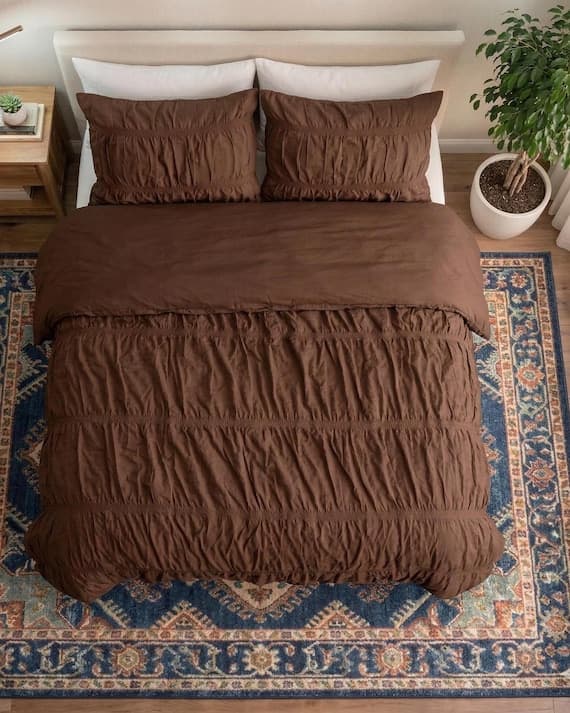 Chocolate Brown Duvet Cover Set, Wrinkle Cotton Bedding, Ruffle Comforter Cover, Boho Bedroom Decor, Queen King Size