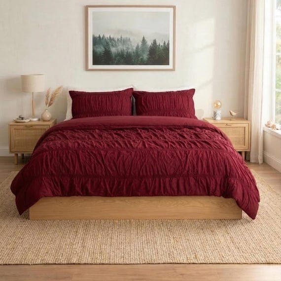 Burgundy Wrinkled Duvet Cover Set, Wine Red Cotton Bedding, Ruffled Duvet Cover, Rustic Boho Bed Set, Minimalist Stonewashed Comforter Cover
