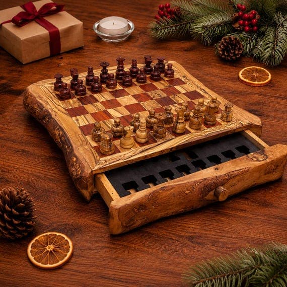 Live Edge Wooden Chess Set With Drawer | Rustic Natural Wood Game, Free Personalization