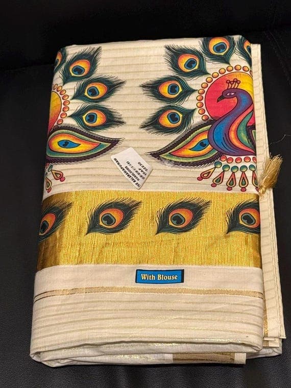 Balaramapuram Handmade Kerala Set Saree With Blouse – Peacock Print