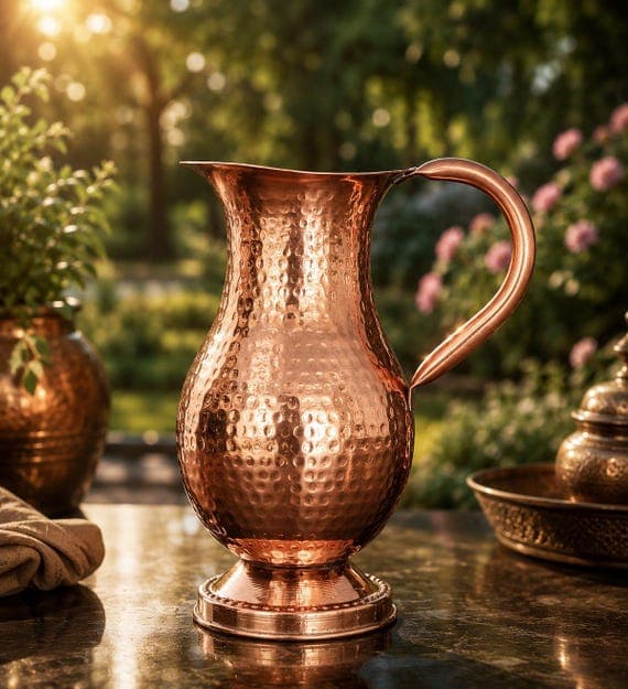 Handcrafted Hammered Copper Pitcher Jug – 1600 ml Traditional Mughali Water Carafe