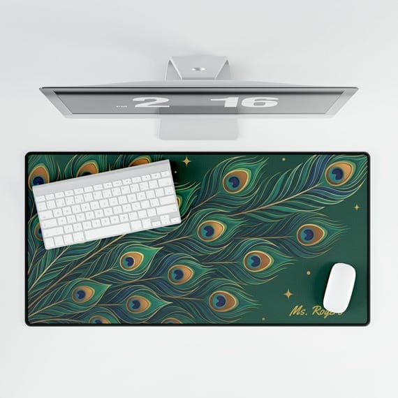Custom Peacock Feather Desk Mat | Green Peacock Desk Mat